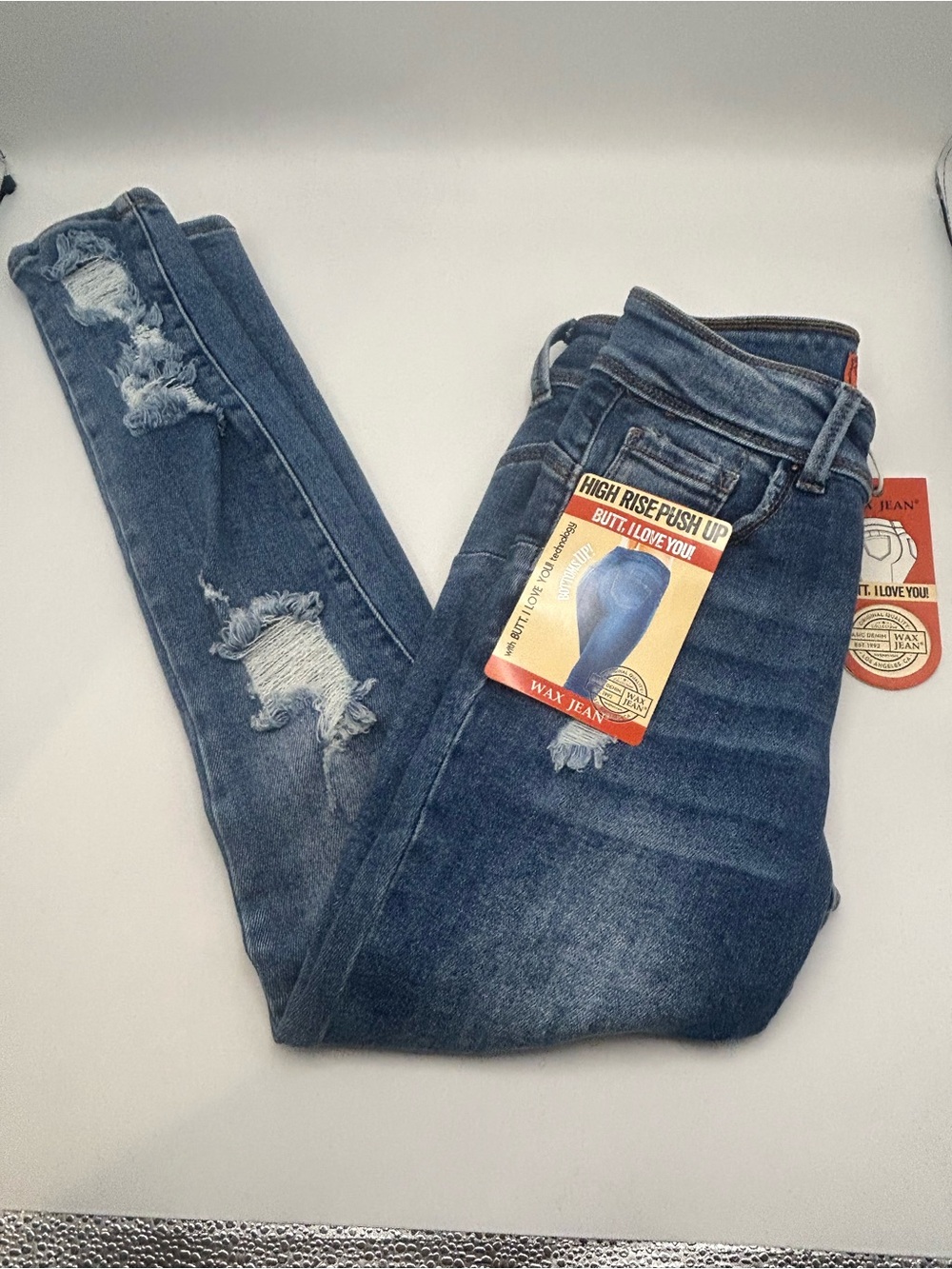 Wax Jean Women's Blue Denim High Rise Push Up Technology Skinny Distressed